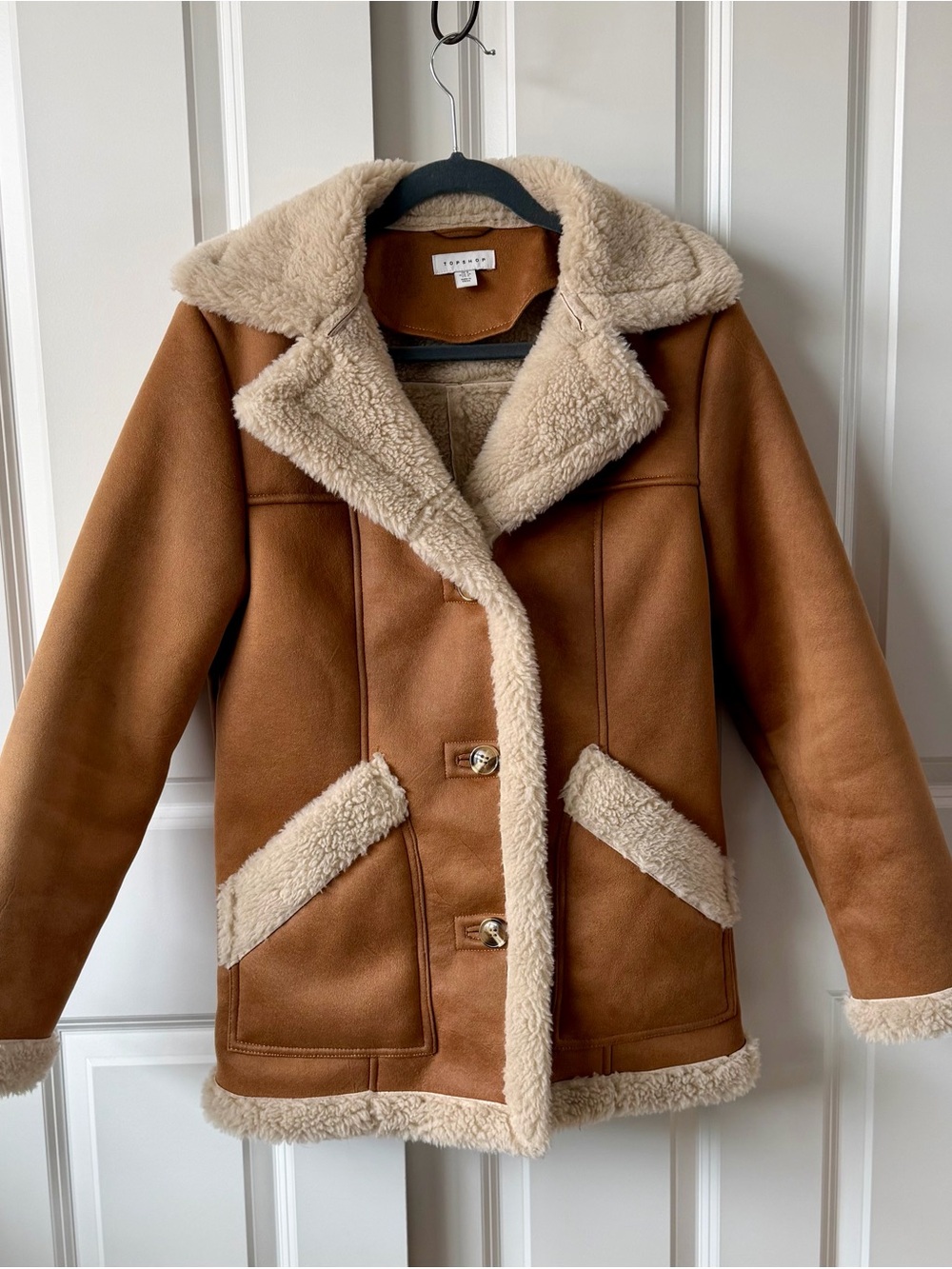 Topshop Brown Faux Suede Sherpa Aviator Jacket US 4
